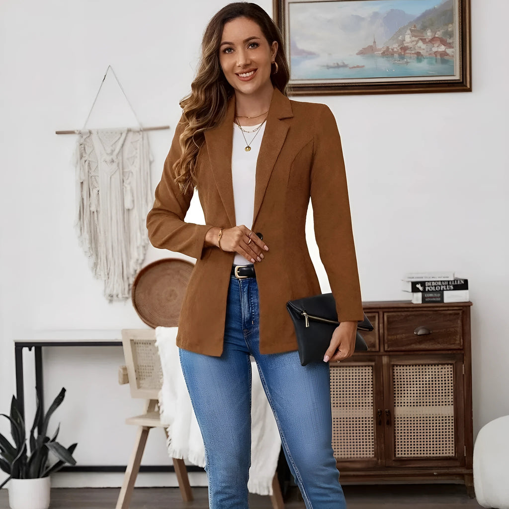 Brown men's single-breasted leisure suit coat with long sleeves available in sizes S M L XL