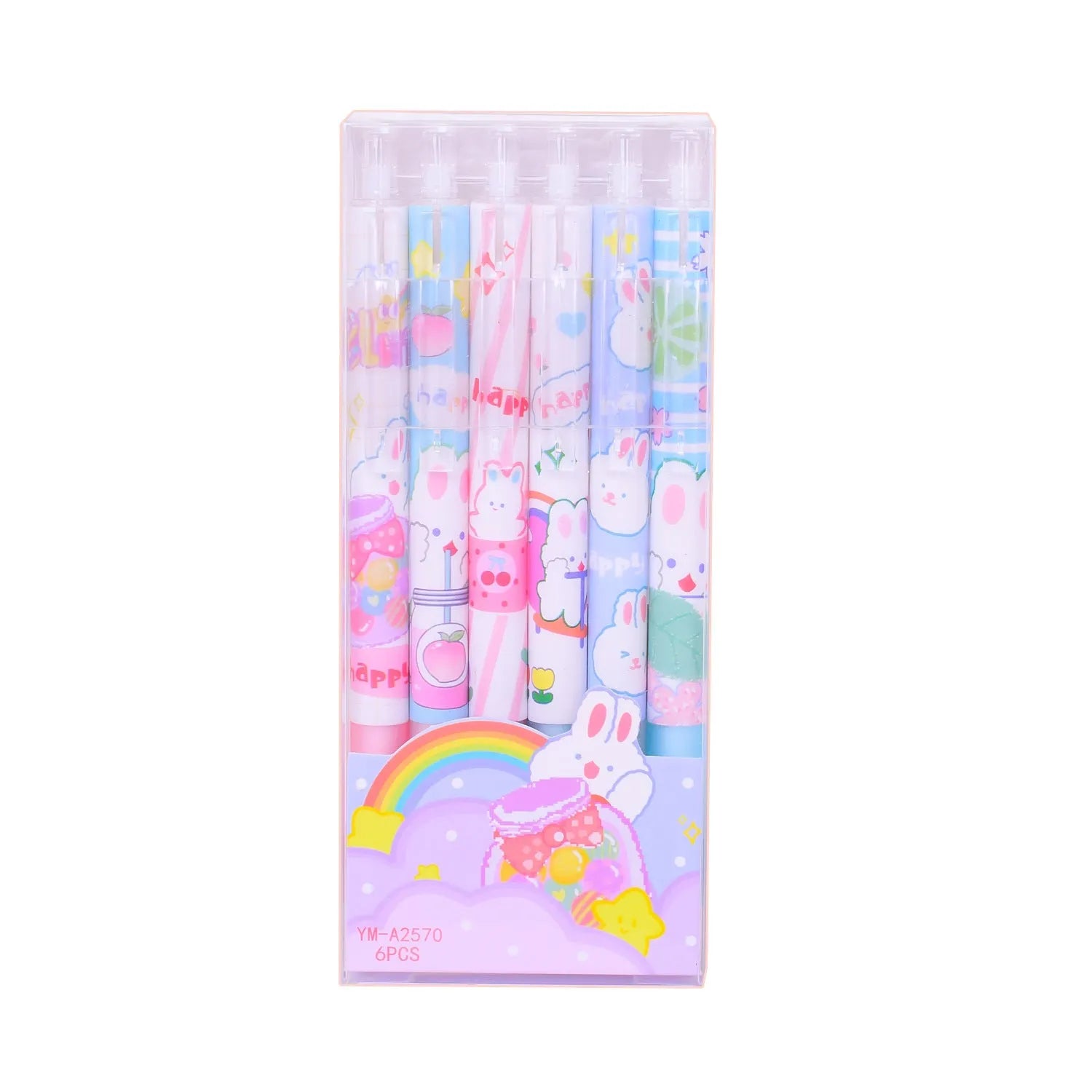 Six black plastic pens with cartoon bunny designs and 0.5mm tips arranged in stationery set