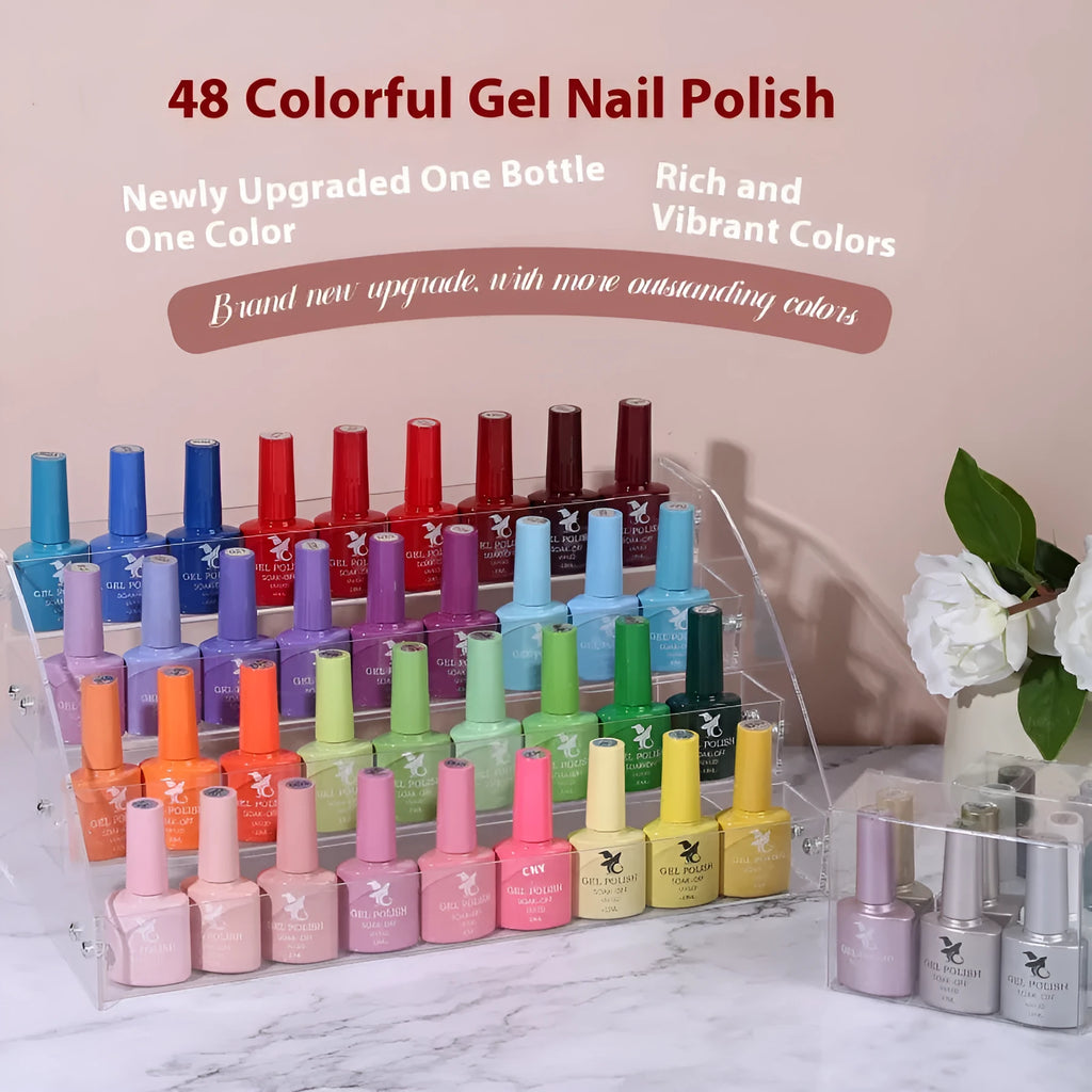 48 colour UV phototherapy gel nail polish set with 7ml bottles in sequins, frosted, glitter, nude and Morandi styles