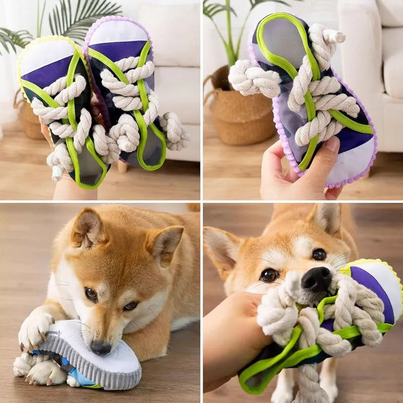 Realistic shoe-shaped dog toy in grey, purple, or yellow with laces, sole patterns, built-in squeaker and bell.