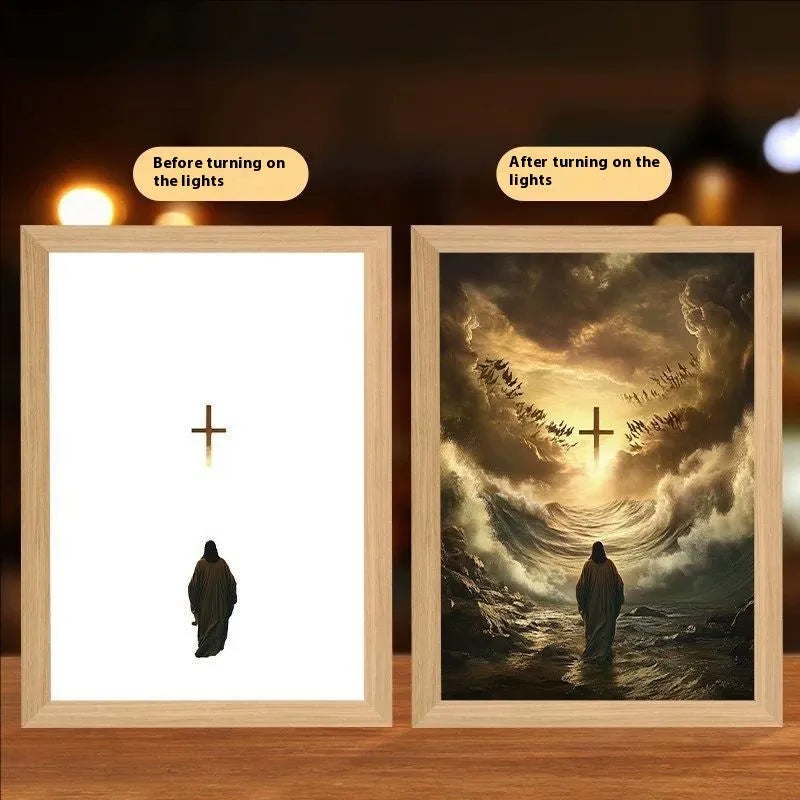 Handmade rectangular light painting digital photo frame displaying spiritual image with USB cable
