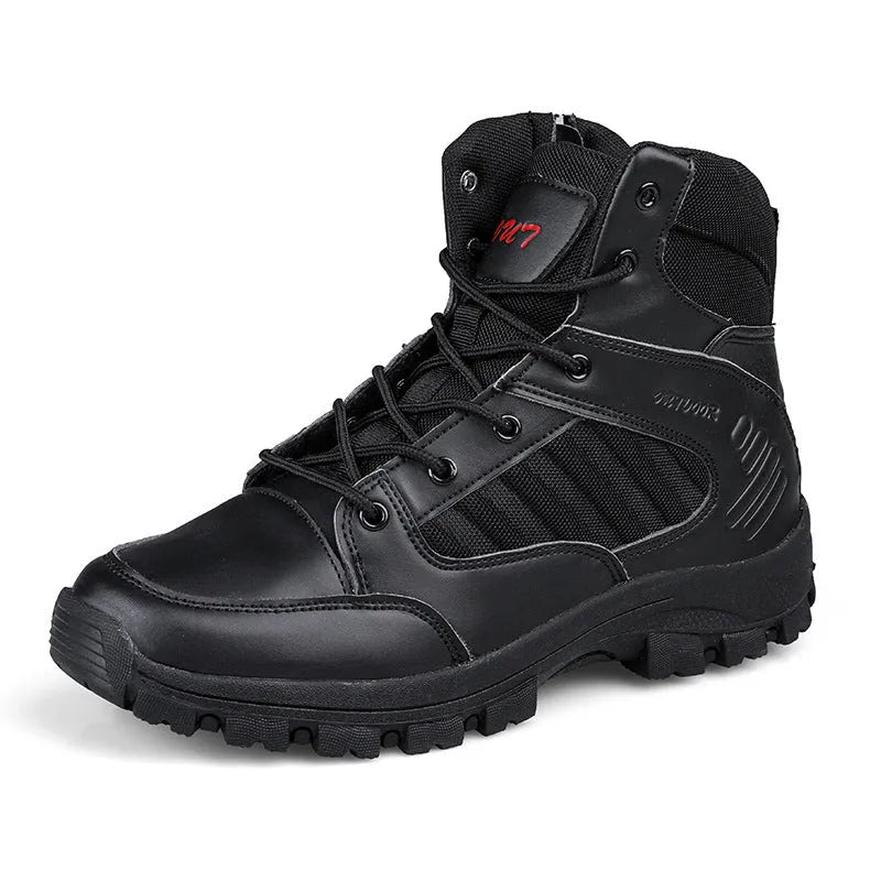 Men's black camouflage high-top hiking shoes with artificial PU upper and metal details