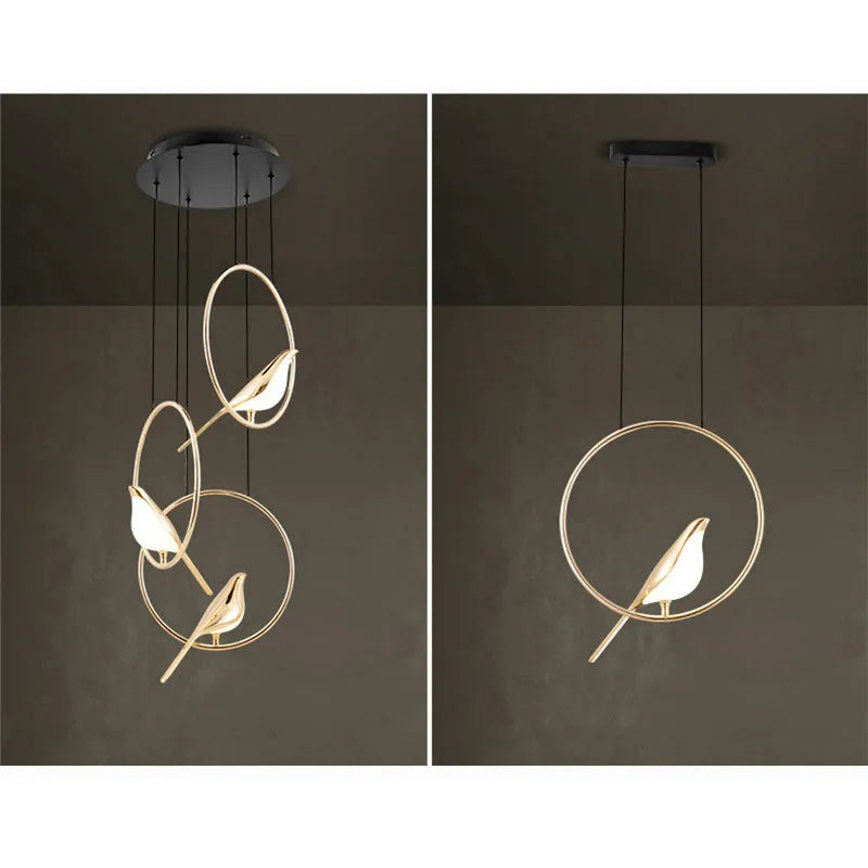 Minimalist magpie bird chandelier made from zinc alloy and acrylic with neutral LED lighting