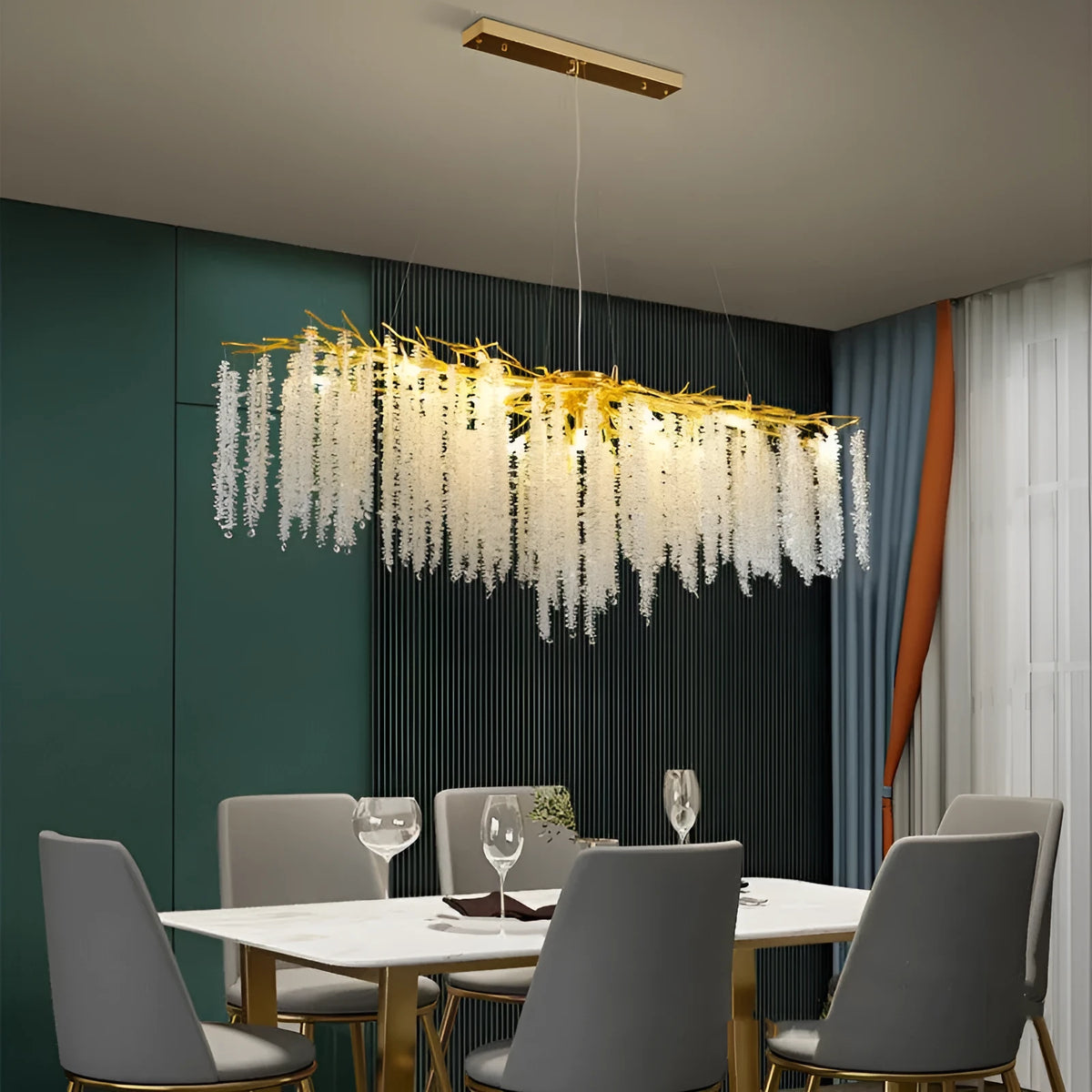 Adjustable modern crystal chandelier with LED lights and aluminium frame in round and long styles.