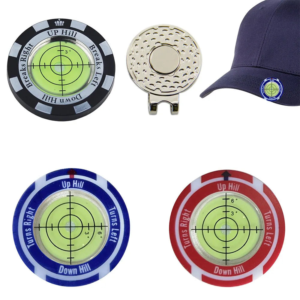 Golf Level Hat Clip attached to golf hat brim showing green distance measurement display