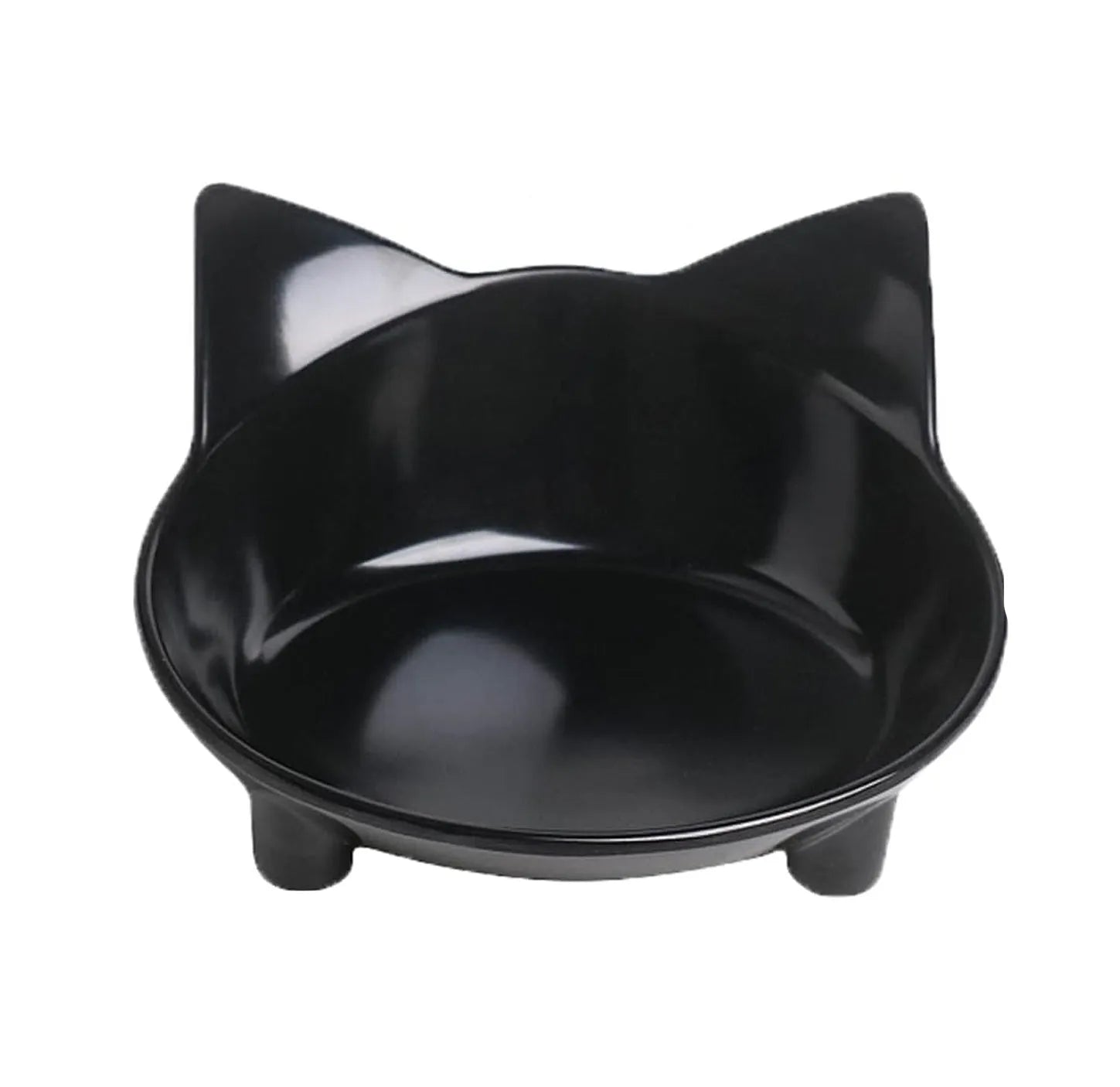Shallow black melamine pet bowl with a non-slip rubber base on a kitchen floor.