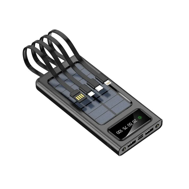Solar power bank with 20000mAh capacity and integrated charging cables in black or white plastic case