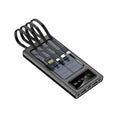 Solar power bank with 20000mAh capacity and integrated charging cables in black or white plastic case