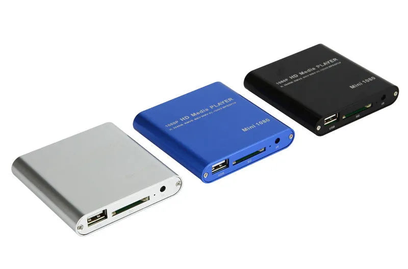 Blue and black 1080p Full HD media player with HDMI port for SD card and USB playback
