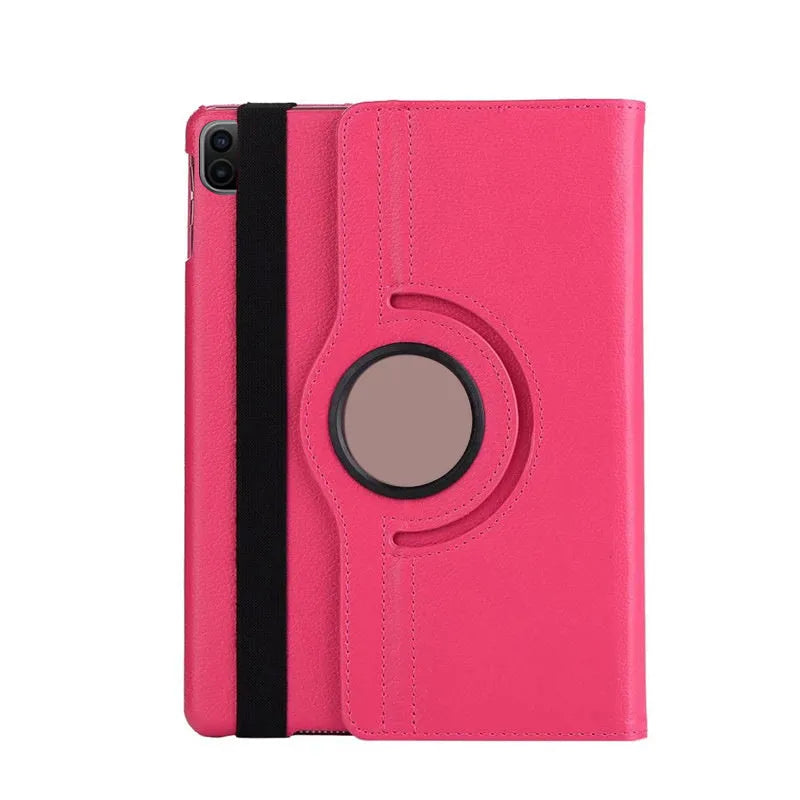 iPad rotating clamshell protective sleeve in imitation leather, shown in multiple colour options.