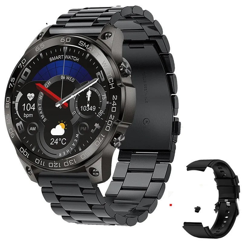 Bluetooth sports watch with AMOLED display showing heart rate metrics on black silicone strap