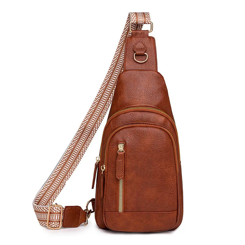 Small brown soft PU women's messenger crossbody bag with an open front pocket and decorative stitching.
