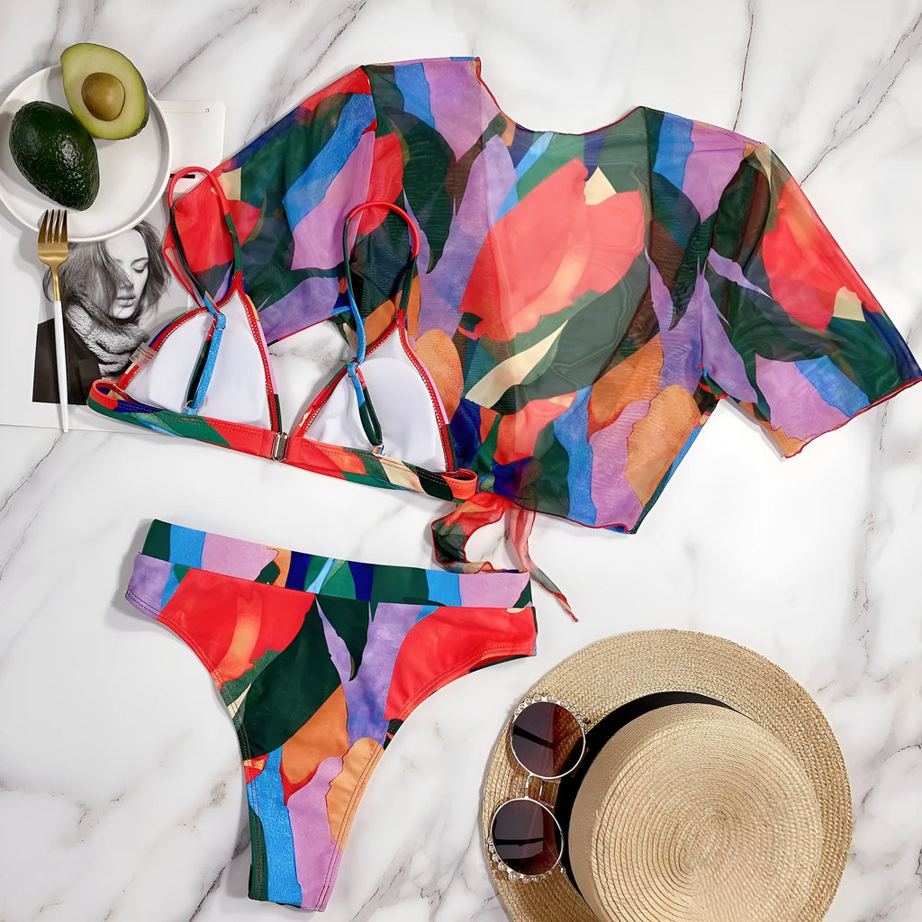 Red printed split swimsuit for women with nylon construction in briefs and triangle bikini styles