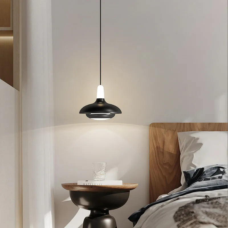 Modern minimalist adjustable bedside pendant light in Nordic style, 110V, shown in Moon White or Obsidian Black for bedroom or dining room.