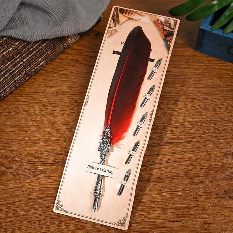 Retro feather dip pen with zinc alloy shell in various colour options for calligraphy and gifting