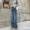 Women's high waist straight leg jeans in retro blue cotton denim showing front and back views