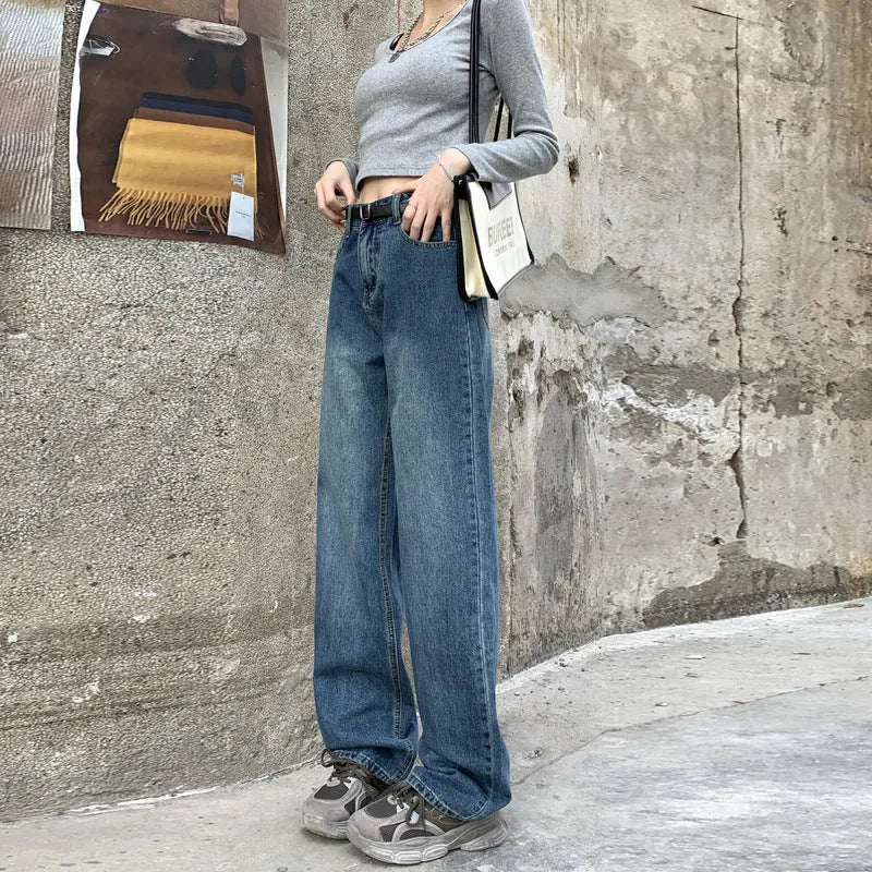 Women's high waist straight leg jeans in retro blue cotton denim showing front and back views