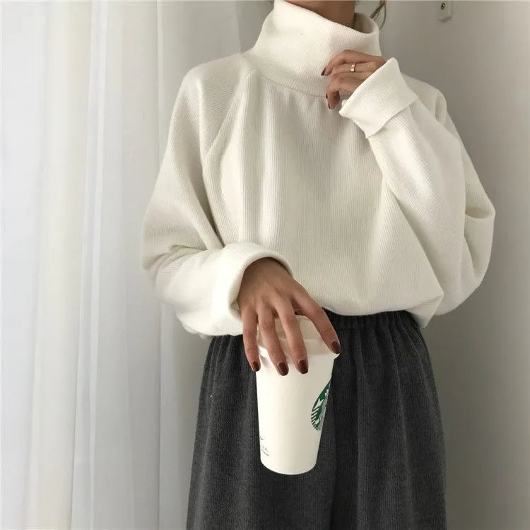 Women's loose fit half-high collar long sleeve top in solid colour on a hanger.