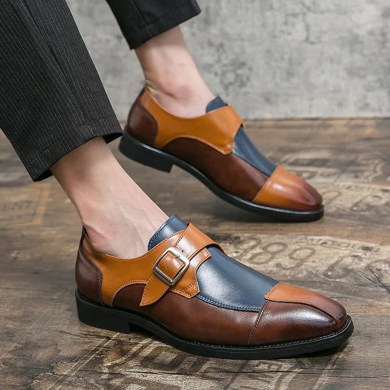 Men's brown-blue and black retro buckle casual leather shoes with tall crown