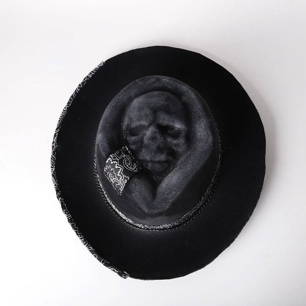 Handmade conical crown skull print hat in wool and denim fabric
