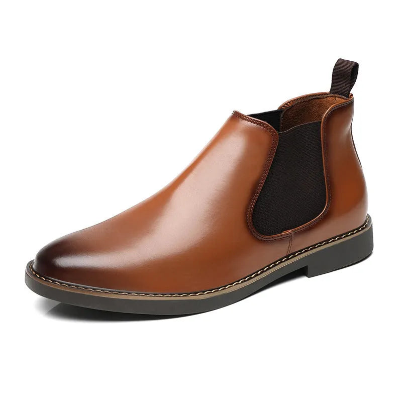 Men's black and brown formal pointed-toe leather boots with a square heel and rubber sole.