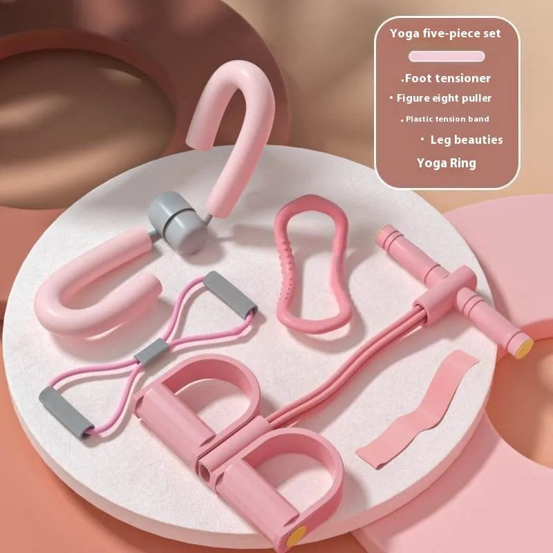Yoga four piece set showing leg beauty device, yoga ring, pedal tension device, and figure-eight tension rope for home fitness.