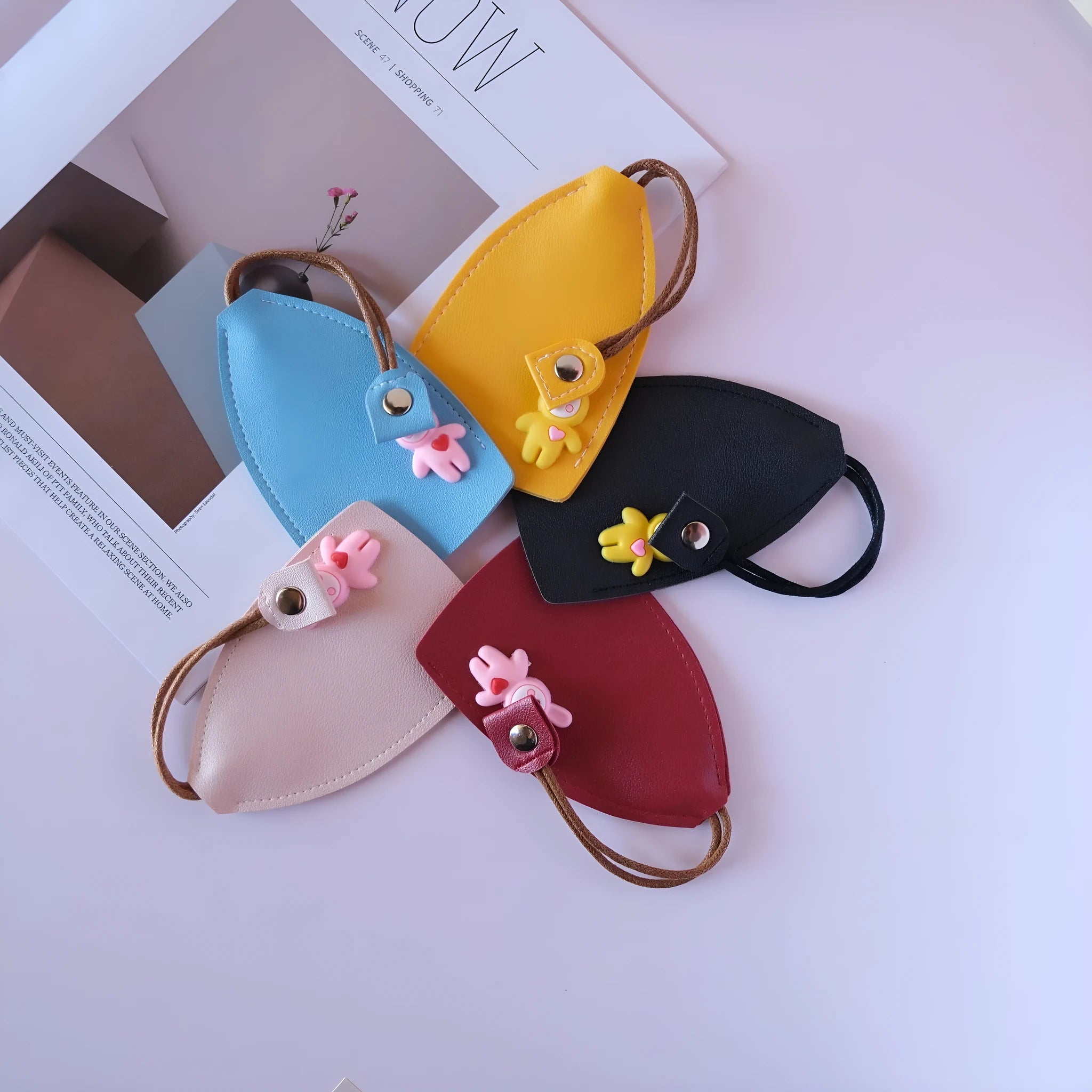 Large capacity pu leather car key case showing five colour options: black, wine red, sky blue, yellow, and pink