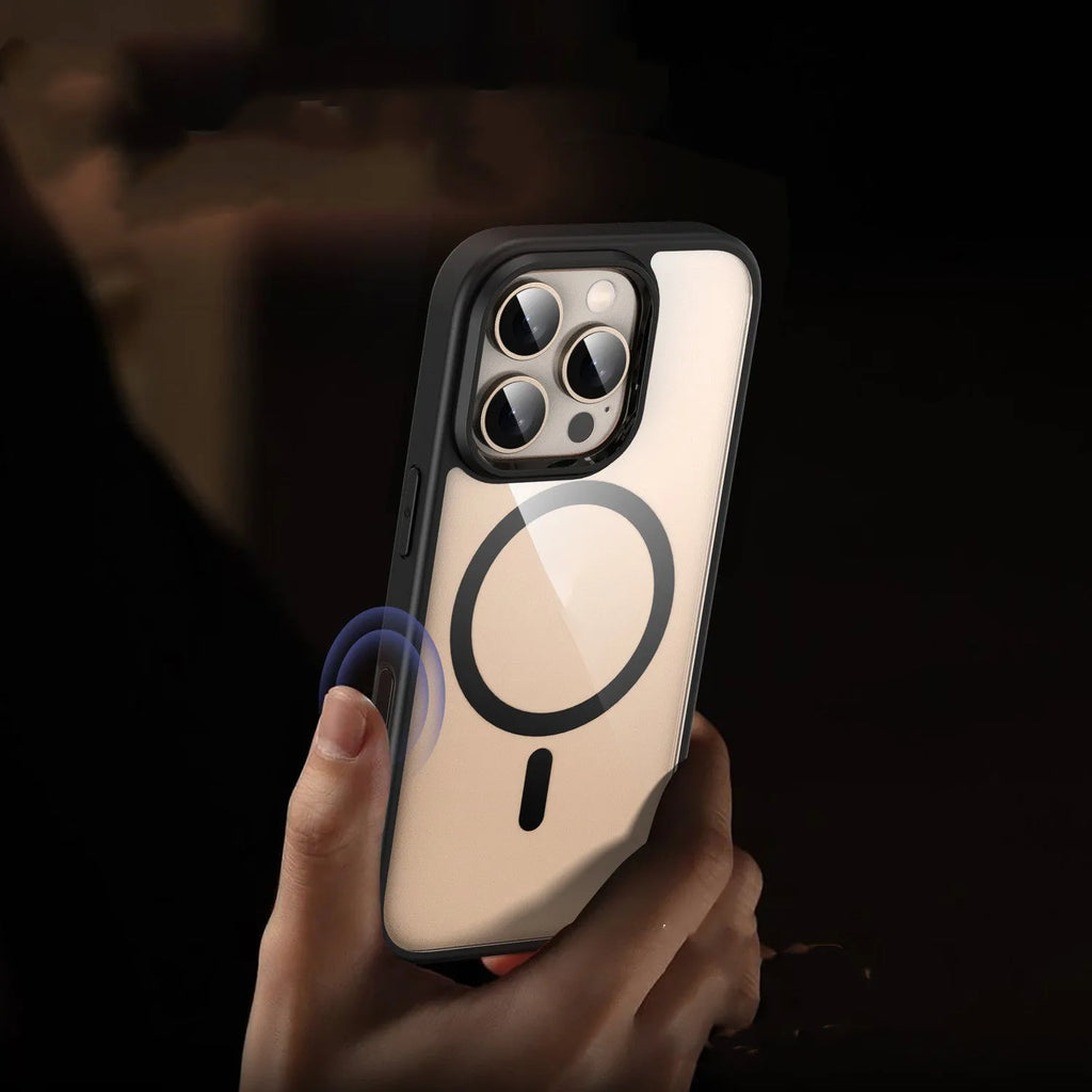 Black transparent magnetic iPhone 16 case showing airbag protection structure and magnetic ring.