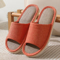Women's open-toe linen slippers in light brown colour with a thickened sole