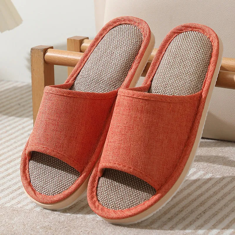 Women's open-toe linen slippers in light brown colour with a thickened sole