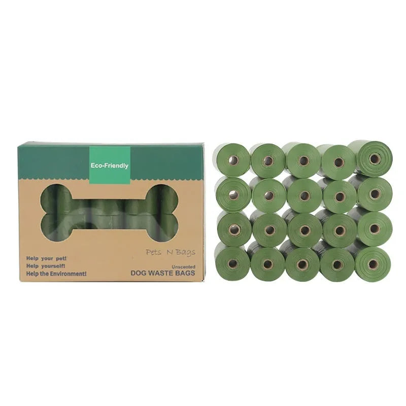 Green, blue, purple, orange and black rolls of EPI degradable, thickening pet waste bags with lavender or tasteless options.