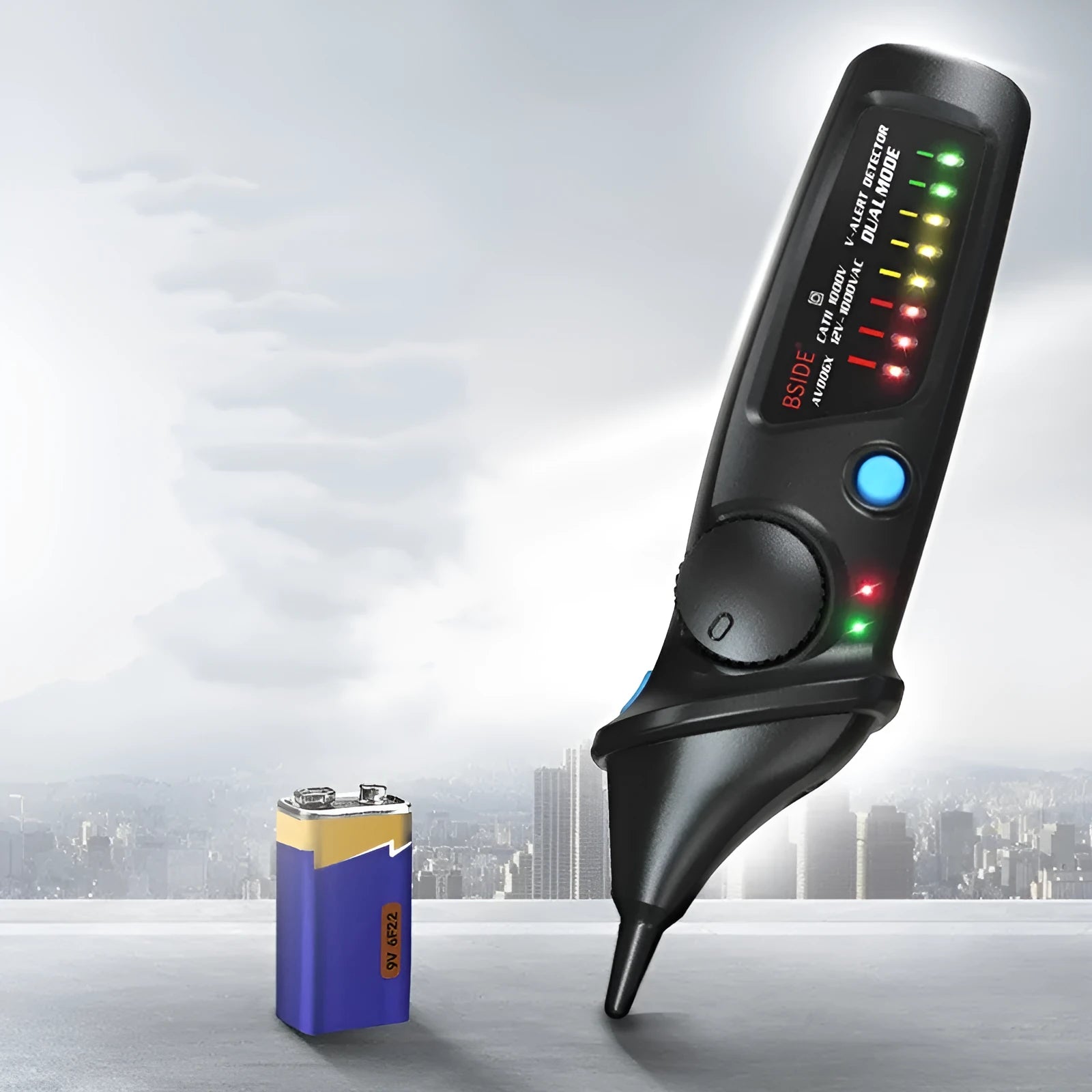 A handheld smart sensor test pencil with a round metal contact tip for high voltage electrical testing.