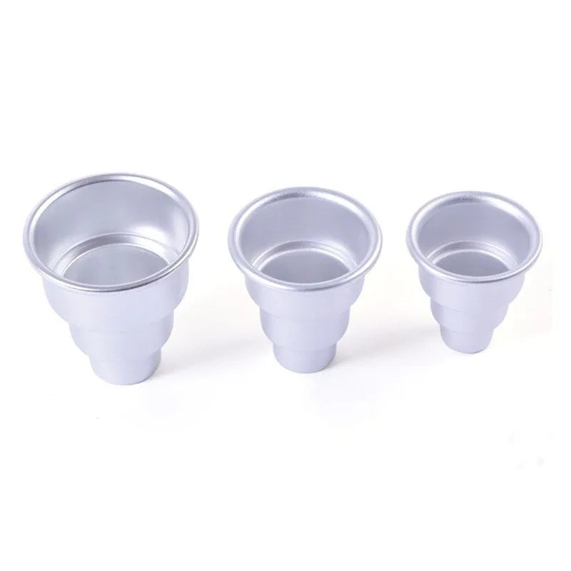 Silver aluminium alloy mini three-layer cake mould set showing large, medium, and small sizes.