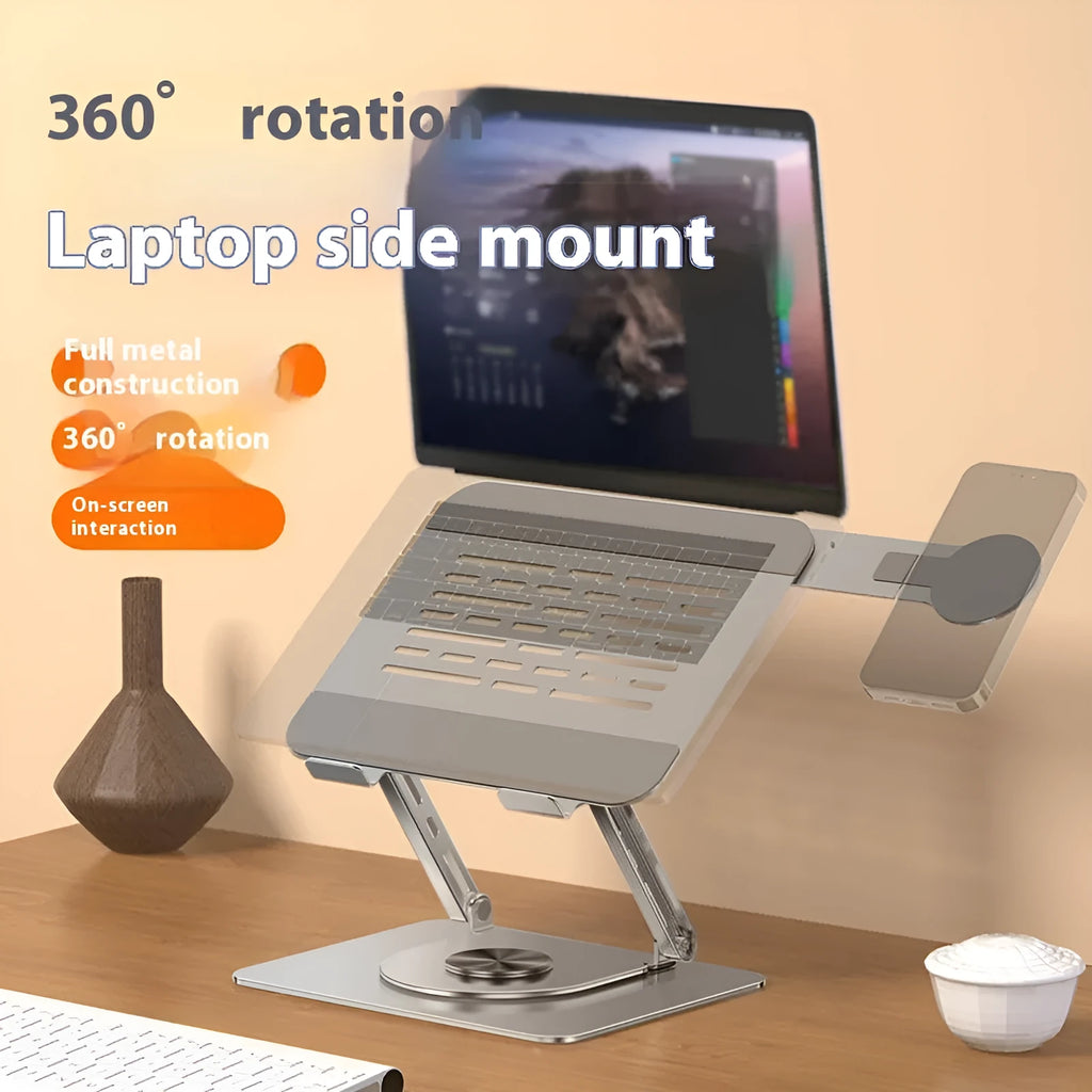 Silver carbon steel laptop stand with a side-mounted magnetic phone holder rotated to the side.