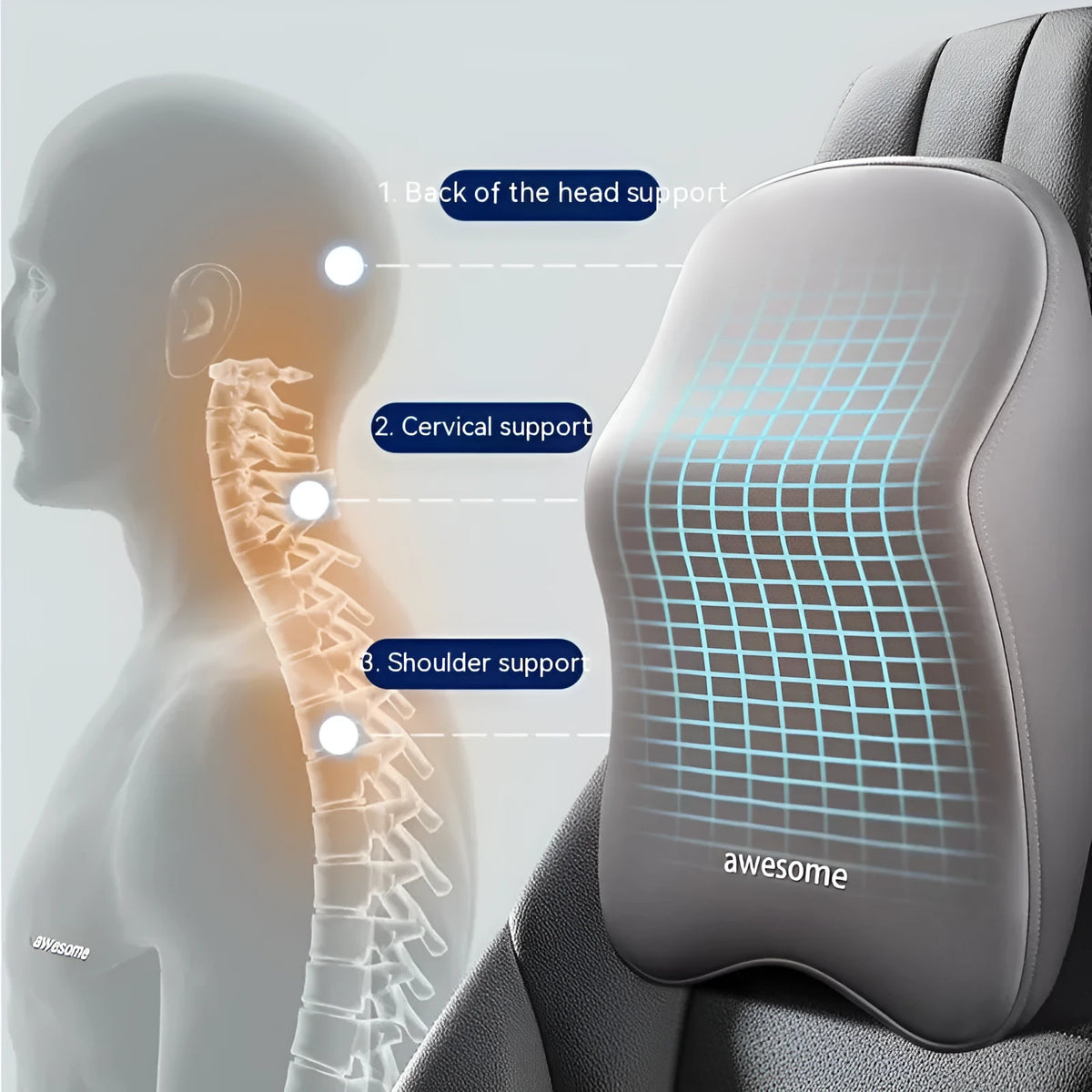Car headrest pillow and lumbar support pillow set in memory foam, shown in sky blue colour.