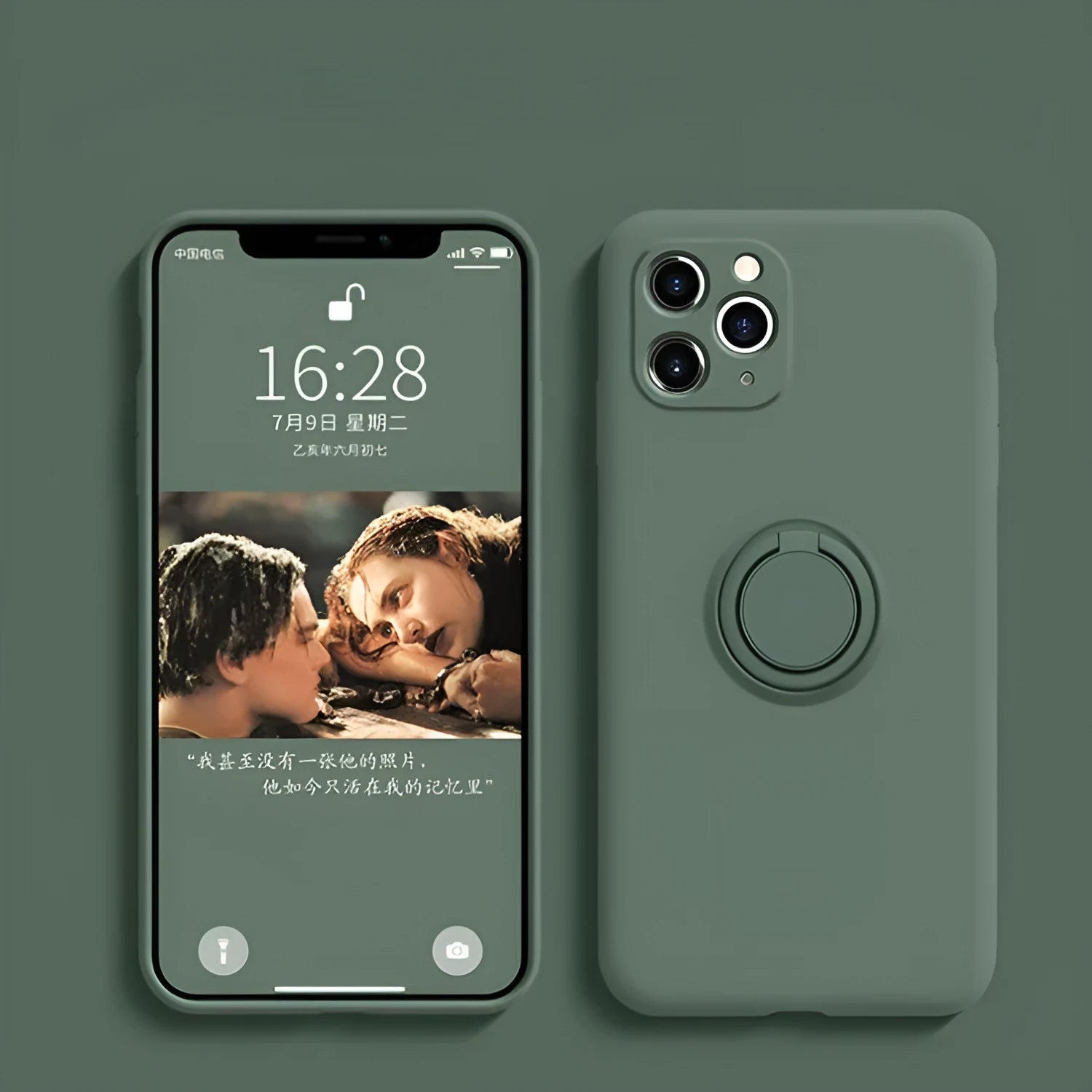 Liquid silicone iPhone 12 case with a ring bracket stand, shown in green colour.
