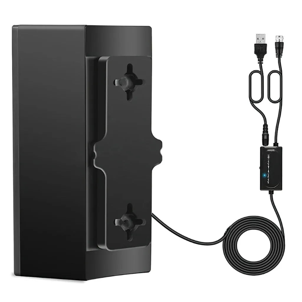 Black plastic digital television antenna with HD reception and mounting accessories