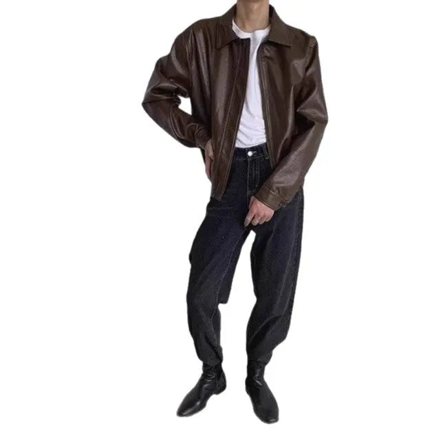 Brown Korean-style casual hip-hop jacket with PU leather outer, polyester lining and straight hem