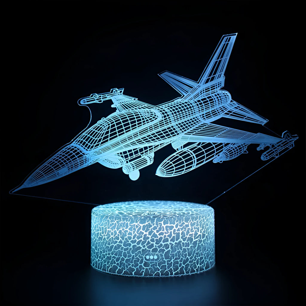 Cartoon airplane-shaped acrylic LED night light with a touch switch on a white background.