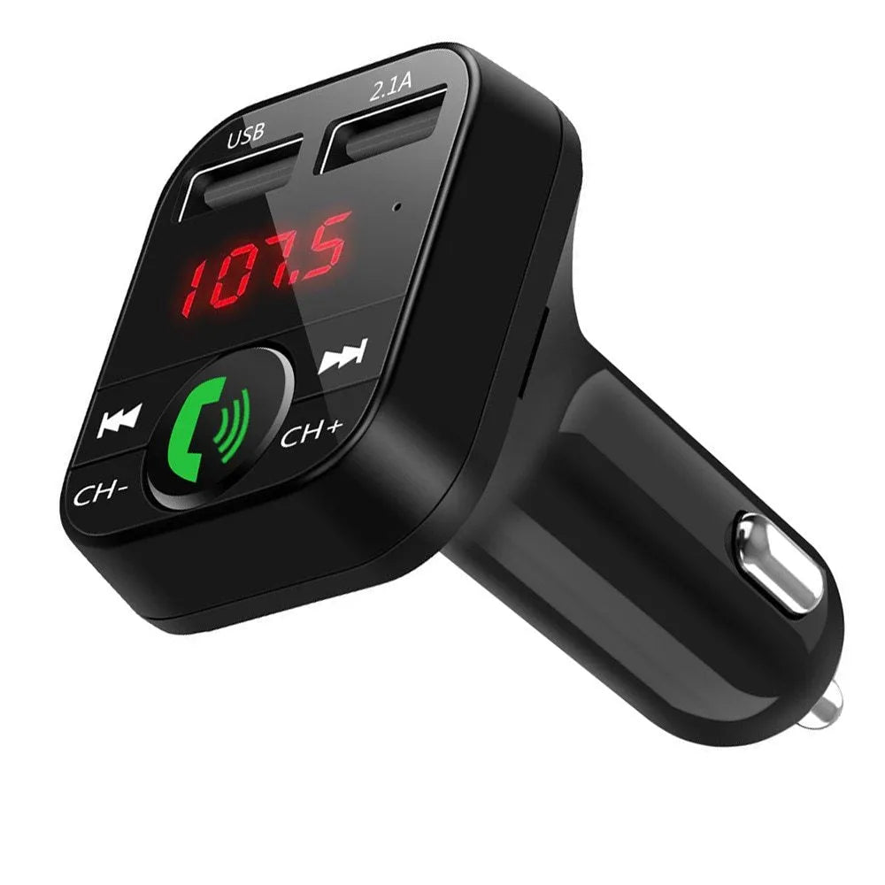 Black FM transmitter car charger receiver with LED screen, USB2.0 interface, TF card slot, and 12-24V cigarette lighter power supply