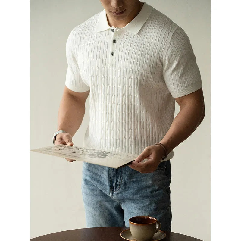Men's short sleeve knit polo shirt in khaki, black, or white for business and office wear