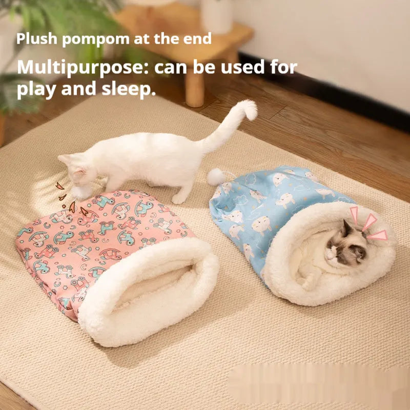 Enclosed cat sleeping bag nest measuring 50x40cm with flannel lining in blue rabbit design