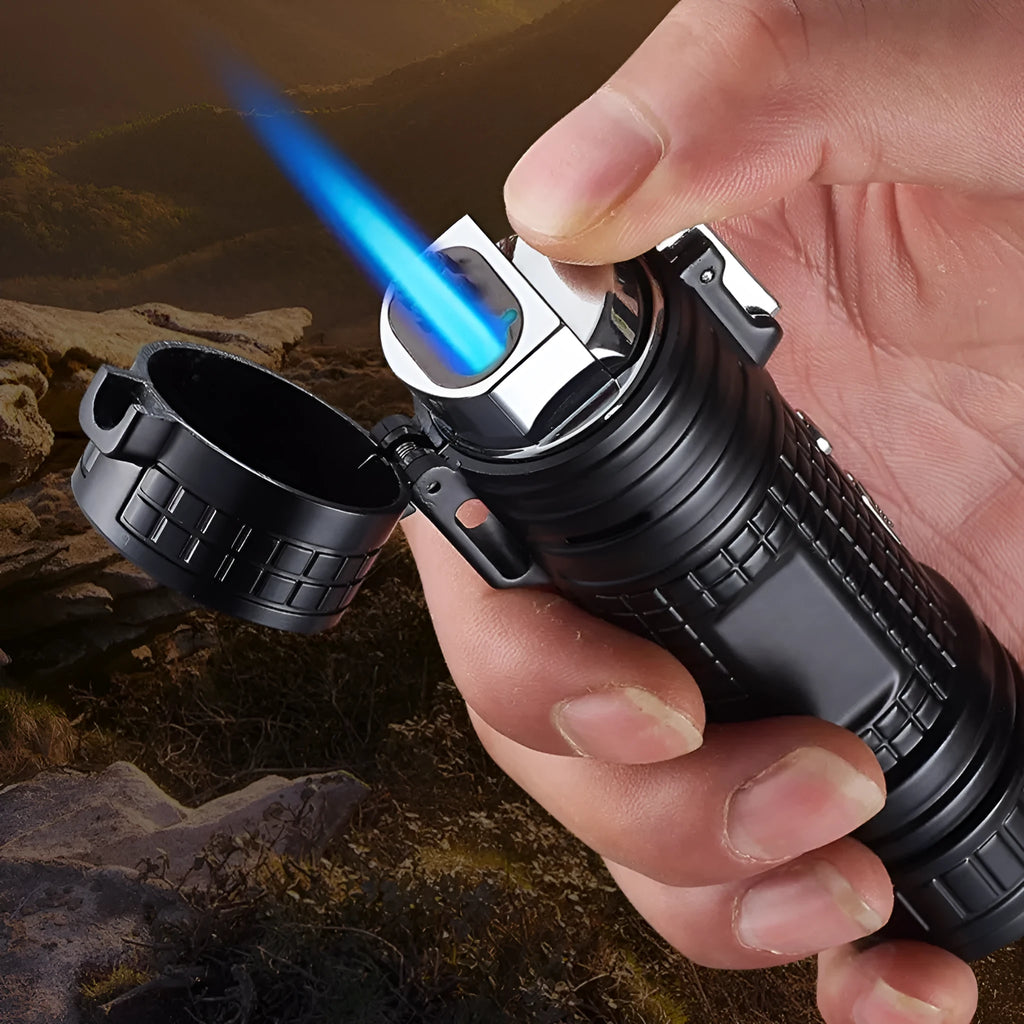 TH727 multi-functional waterproof metal torch lighter in camouflage, red, black, blue, and yellow colour options.