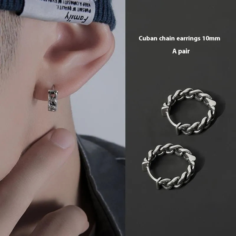Men's copper geometric hip hop earrings in 10mm and 14mm sizes with auspicious cloud design