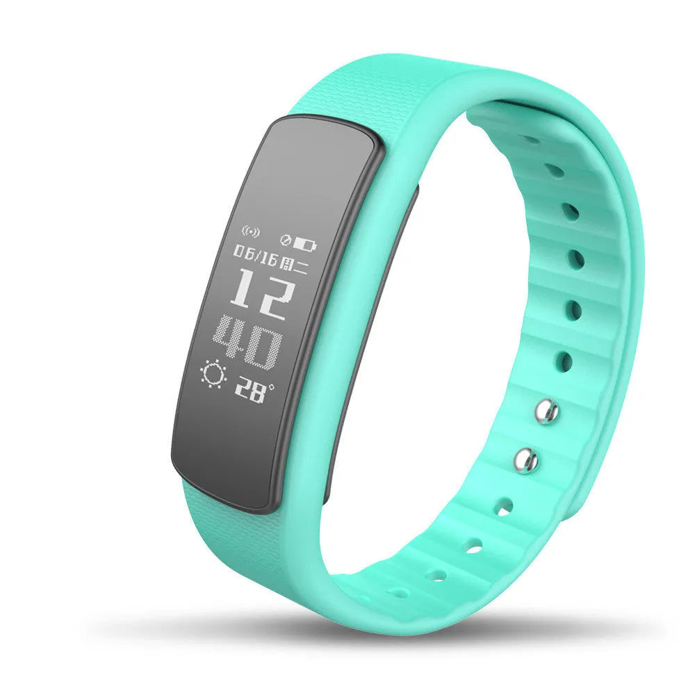 I6 smart sports bracelet in black or green on a wrist, showing its 0.96-inch screen and TPU band.