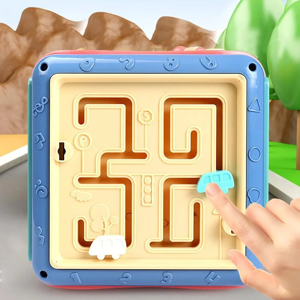 Colourful baby educational hexahedron cube with bead maze, gears, and clock for toddler learning