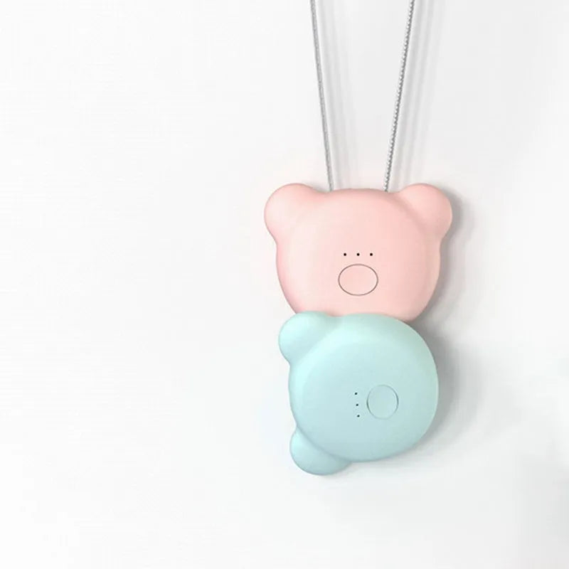 USB rechargeable wearable air purifier necklace in blue colour showing compact dimensions