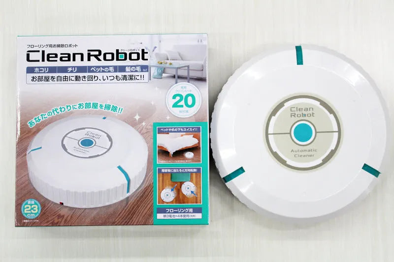 Black and white AC automatic sweeping robot cleaner on a hardwood floor.