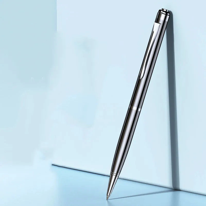 Black pen-shaped voice recorder showing dimensions with included headset and cable