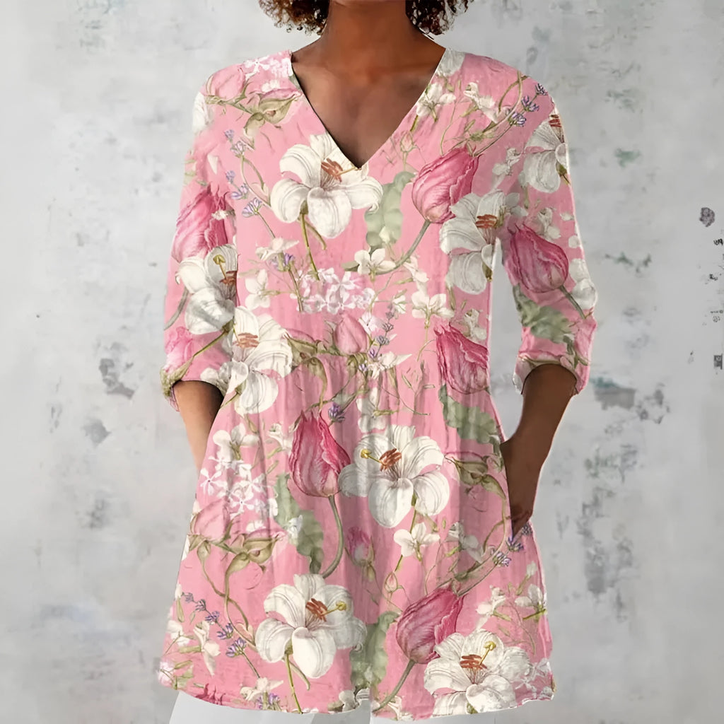Women's retro slim fit printed long-sleeved polyester top on a hanger, showing digital print detail.